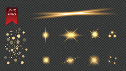 Collection of golden light effects, lens flares, bokeh, and star bursts isolated on white background © MD NUR MIA