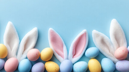Fluffy bunny ears and colorful easter eggs celebrating spring holiday