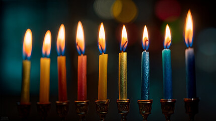 Colorful candles burn brightly on a menorah during a festival night celebration with friends and family gathering around