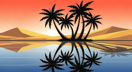 Vibrant desert oasis sunset illustration with palm trees reflecting in serene water