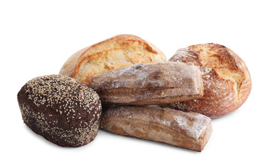 Different types of bread loaves isolated on white