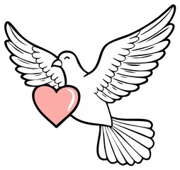 Fototapeta premium Dove bird carrying pink heart for Valentine's day or wedding illustration of peace and love emblem symbol.