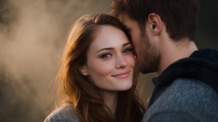 A loving couple shares an intimate embrace outdoors with soft light and a gentle mist creating a romantic atmosphere