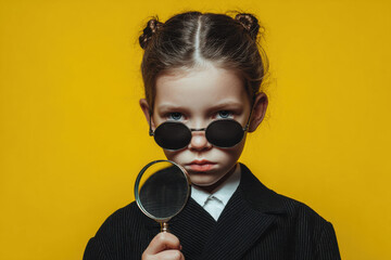 A girl in a black suit and black glasses with a magnifying glass on a yellow background