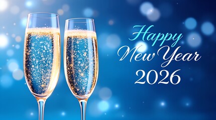 digital image with two champagne glasses filled with sparkling blue liquid, set against a blurred, bokeh blue background. "Happy New Year 2026" 