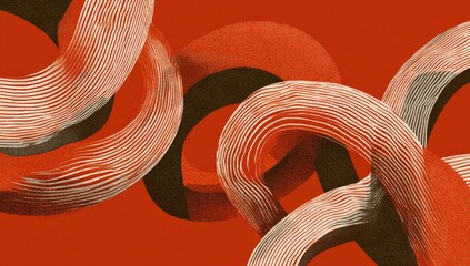 Abstract composition with intertwined looping ribbons in shades of brown and white against a red background