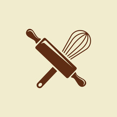 Rolling pin and whisk kitchen tools icon for baking, cooking, and pastry concepts