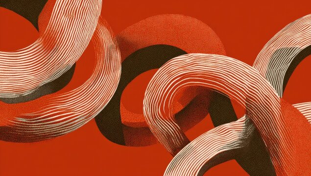 Abstract composition with intertwined looping ribbons in shades of brown and white against a red background - Powered by Adobe