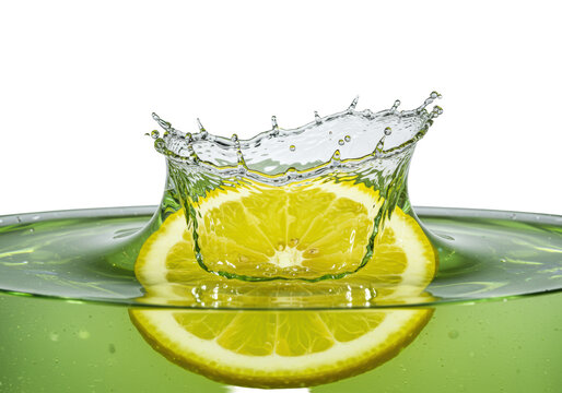 Hyper-realistic, extreme macro close-up of a vibrant yellow lemon slice crashing into reflective lemonade, forming a perfect stroboscopic crown splash on white. Concept for beverage advertising
