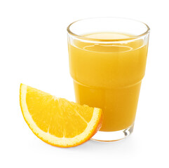Glass of fresh orange juice and fruit slice isolated on white
