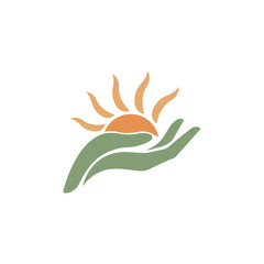 Stylized hand holding a rising sun symbol for nature, care, energy, growth, and hope logo