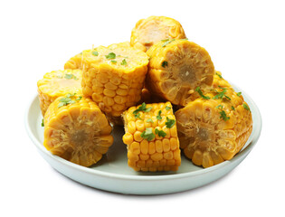 Pieces of tasty corn cob with parsley isolated on white