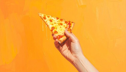 A hand holds two slices of hot cheese pizza with melted stretch marks against a vibrant orange textured background, emphasizing warmth, flavor, and appetizing visual appeal.