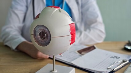 Model of an eye with a medical professional present in a clinic setting during a routine examination concept