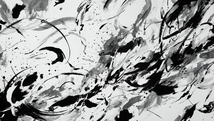 Abstract black and gray paint strokes on a white background, creating a dynamic and free composition