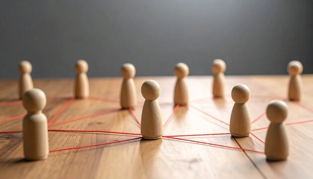 Wooden figurines connected by red strings form a network on a flat surface, symbolizing social systems, communication, and organizational relationships through a visual metaphor of interconnected node