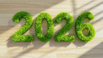 Green 2026 number made of natural grass and moss on a light wooden table, representing sustainable new year, ecological focus, and environmental planning for the upcoming calendar.
