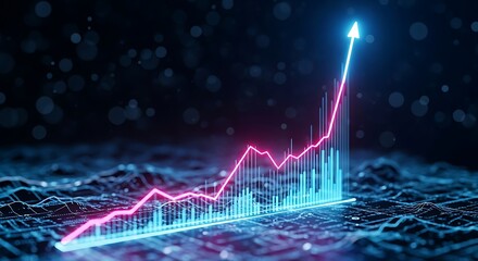 Abstract glowing blue and pink line graph showing a strong upward trend and growth against a dark digital background, symbolizing success