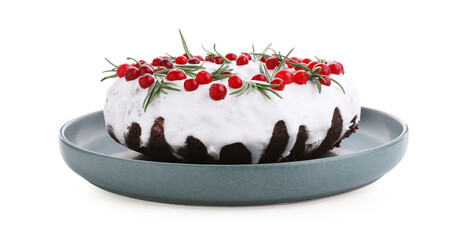 Tasty Christmas cake with cranberries and rosemary isolated on white