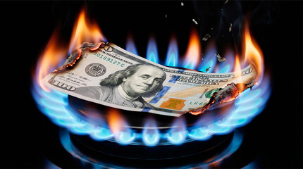 US Dollarschein auf Gasherd in Flammen