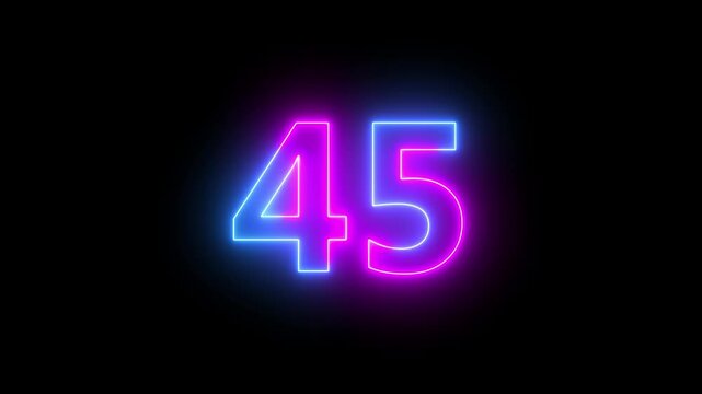 45 number neon bright glowing animation on black background 4k video.