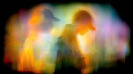 Naklejka premium Multiple ethereal figures blend with vibrant colored light streaks against a dark background