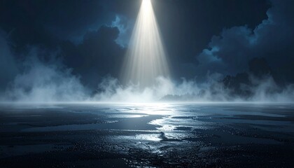 A dramatic nighttime scene with a bright beam of light shining from the sky onto a misty surface, illuminating fog and textured ground with rocks, evoking mystery, cinematic tension, and surreal ambia