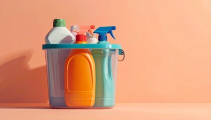 A clear plastic container filled with cleaning supplies—spray bottles, colorful sponges, cloths, and towels—sits on a peach background, symbolizing household organization and domestic maintenance.