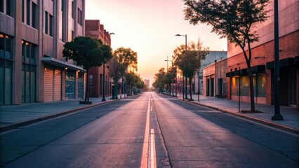 Obraz premium Conceptual loneliness in big cities. Empty streets and dreamlike urban concept. Empty city street at dusk with trees lining the road and buildings on either side.