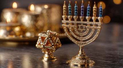 Menorah with candles lit in celebration during a holiday night gathering at home with festive decor