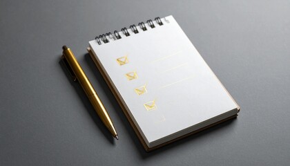 A spiral-bound notepad with five horizontal lines, each marked by a yellow checkmark, sits beside a black and gold pen on a smooth gray surface, symbolizing task completion and organized productivity.