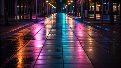 Conceptual loneliness in big cities. Empty streets and dreamlike urban concept. Vibrant reflections on a wet pavement in a city at night, illuminated by colorful lights.