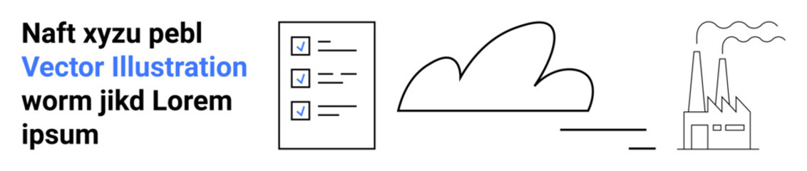 Industrial production, cloud storage, sustainability, environmental impact, workflow organization, task management. Checklist on the left, cloud in the center factory on the right. Cloud storage