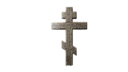Wooden Orthodox cross with small water droplets, Theophany symbolism, on a white background