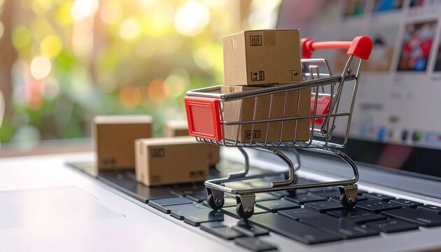 A miniature shopping cart filled with small cardboard boxes sits atop a laptop keyboard, surrounded by scattered parcels, symbolizing e-commerce, digital retail, and online product fulfillment. - Powered by Adobe