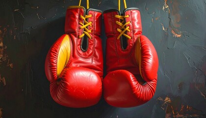 Three red boxing gloves hang by yellow ropes against a dark cloudy background, their glossy texture and tight grouping evoking competitive spirit, strength, and the intensity of physical training.