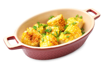 Pieces of grilled corn cobs with green onions isolated on white