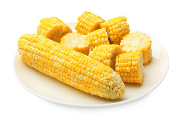 Pieces of boiled corn cobs isolated on white