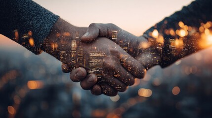 Two hands shaking in the dark with a city in the background