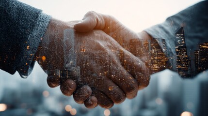 Two hands shaking in a cityscape