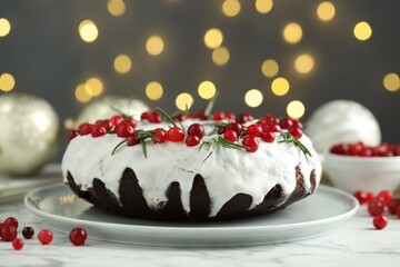 Tasty Christmas cake with cranberries and rosemary on white marble table against blurred lights, closeup