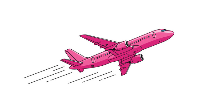 A bright pink passenger airplane in mid-flight with speed lines drawn in a retro pixel art style isolated on a plain white background.