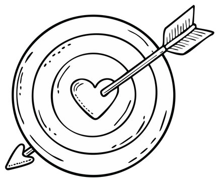 Hand drawn outline of a dartboard with an arrow hitting the center bullseye heart shape