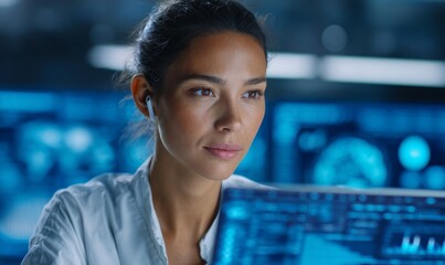 A woman is looking at a computer screen with a blue background