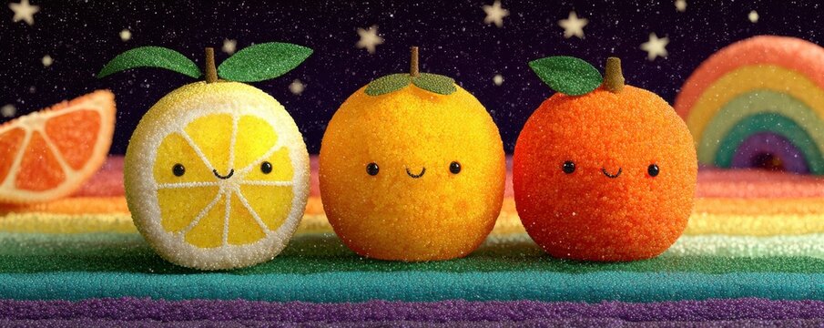 Cute fruit characters with smiling faces: lemon and orange in a colorful rainbow night scene