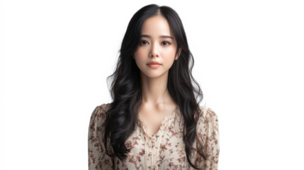 Woman with wavy dark hair and soft expression
