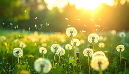 Dientes de león iluminados por luz dorada al amanecer en pradera verde