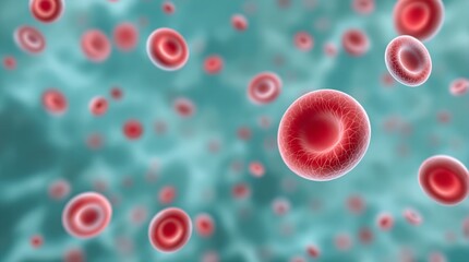 A digital illustration of red blood cells against a teal, cloud-like background.