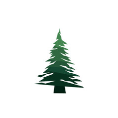 A simple, stylized green pine tree illustration with layered branches on a white background, representing nature and forests.
