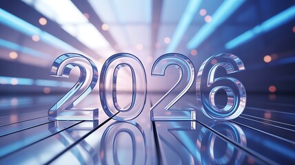 Transparent glass-style numerals 2026 on reflective surface with linear patterns and dynamic blue-purple light rays for futuristic celebration, tech-themed milestone, and new year design concepts